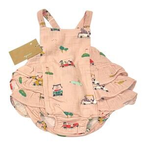 NWT Angel Dear Golf Cart Pink Ruffle Organic Cotton Muslin Sunsuit 3-6 Months